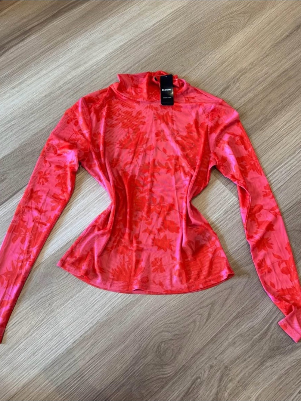 Bebe Red Floral Mesh Long-Sleeve Mock Neck Top - Picture 1 of 2
